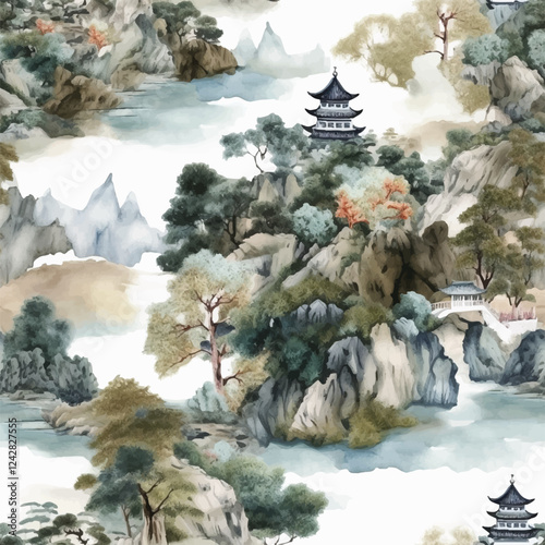 Serene Japanese Landscape Background Vector Illustration