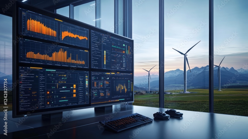 Scada system technology with data base on computer monitor screen at renewable power plant factory for controller engineer teamwork.