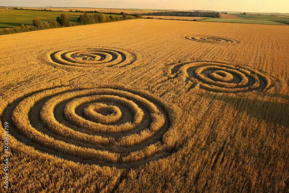 Aerial view of intricate spiral crop circles in a golden wheat field, with surrounding farmland and trees in the distance Aerial view of intricate spiral crop circles in a golden wheat field, with surrounding farmland and trees in the distance