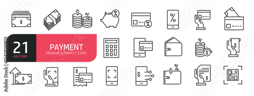 Set of line icons related to money, paying, finance, credit card, calculator. Outline icons collection. Editable stroke. Vector illustration.