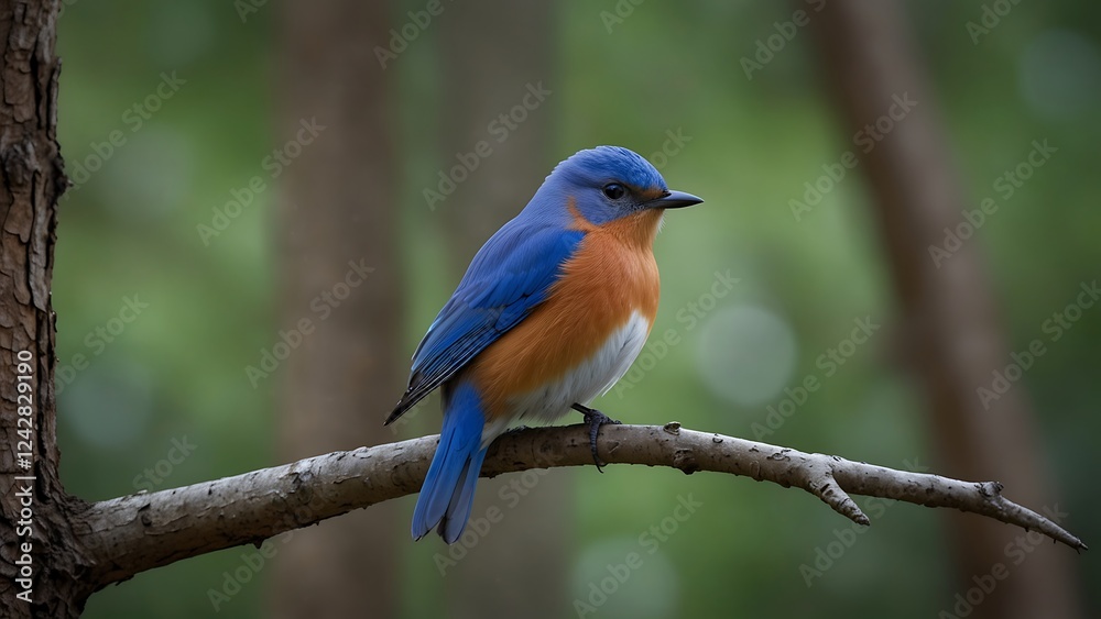 Fototapeta premium Vibrant Blue and Orange Bird on Branch