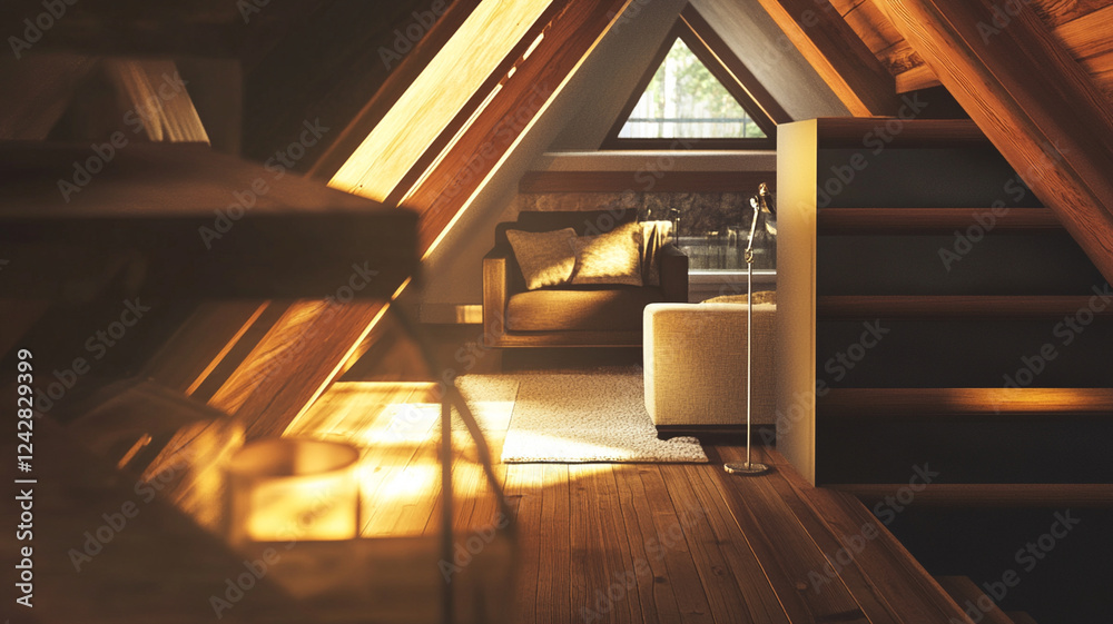 Fototapeta premium cozy attic space with warm lighting, wooden beams, and comfortable seating area creates serene atmosphere. inviting decor and natural light enhance charm of this unique retreat