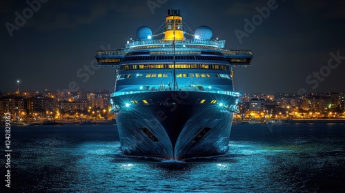 Cruise ship departing city harbor at night
