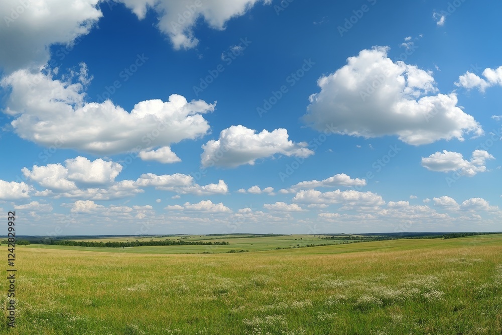 An expansive view of a lush green prairie stretching to the horizon beneath a blue sky dotted with fluffy white clouds An expansive view of a lush green prairie stretching to the horizon beneath a blue sky dotted with fluffy white clouds
