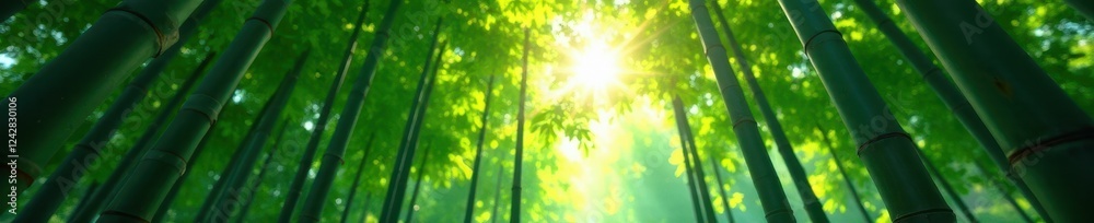 Fototapeta premium Dense bamboo canopy, shafts of light piercing leaves , forest, organic, tropical