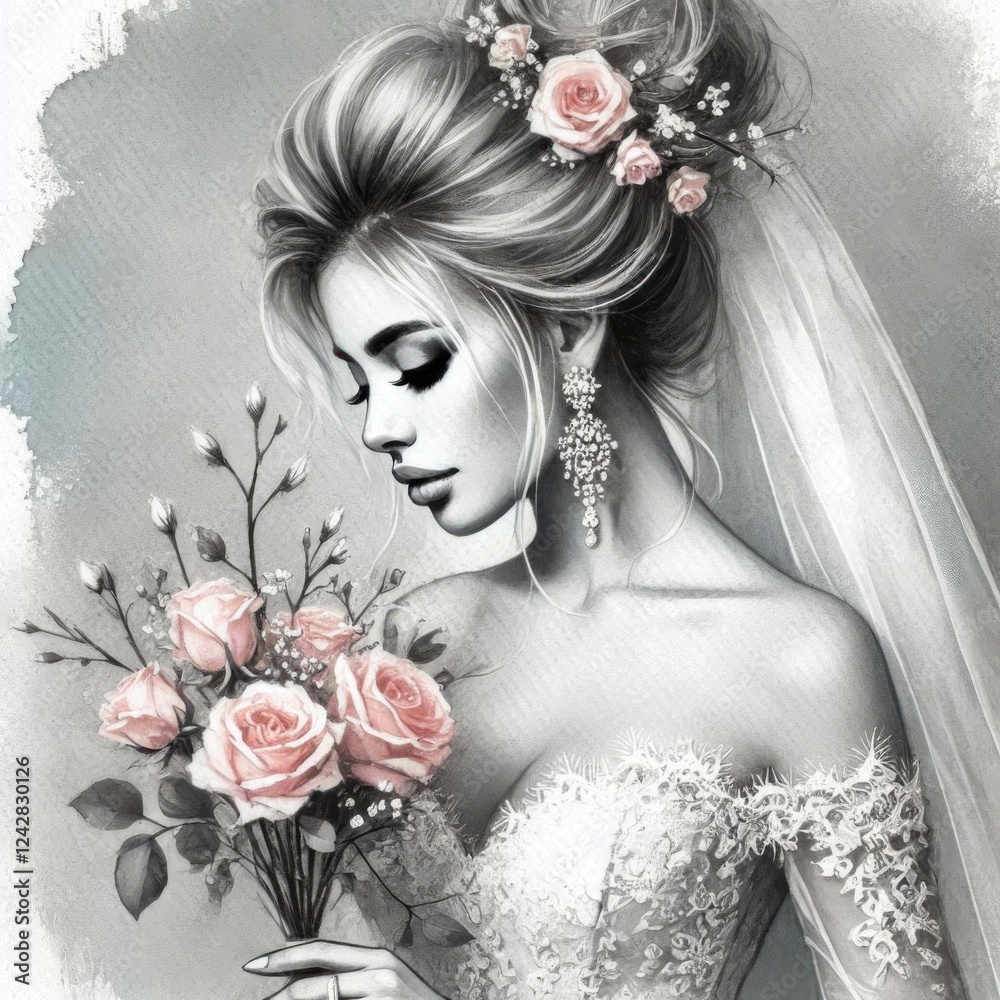 Naklejka premium Watercolor bride in black and white monochrome colors with blush pink roses bouquet and hand drawing text