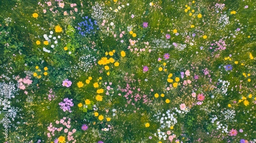 Fototapeta Naklejka Na Ścianę i Meble -  Lush greenery with colorful wildflowers, top-down view of vibrant nature scene, ideal for nature-themed designs and backgrounds.