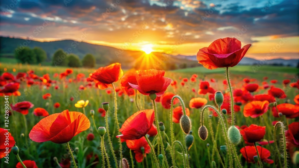 Naklejka premium Vibrant red poppy flowers blooming in a lush green meadow at sunset, poppy flowers, meadow, sunset