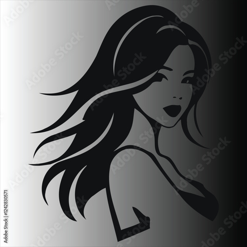 a close up of a woman with long hair and a black dress black and white vector art