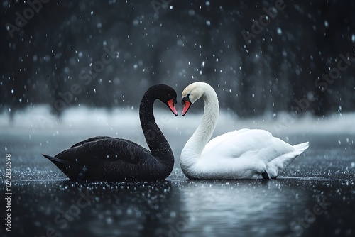 Fototapeta Naklejka Na Ścianę i Meble -  Black swan and white swans in love, sharing a moment in the rain on a frozen lake