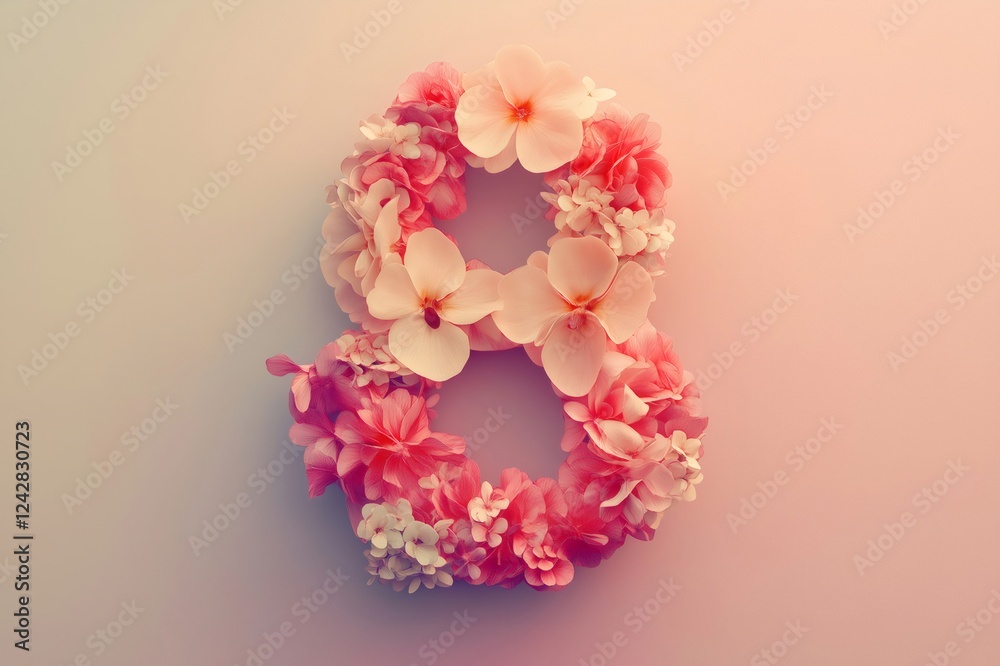 Pink and white flowers arranged in the shape of number eight on a gradient background, celebrating International Women's Day Pink and white flowers arranged in the shape of number eight on a gradient background, celebrating International Women's Day