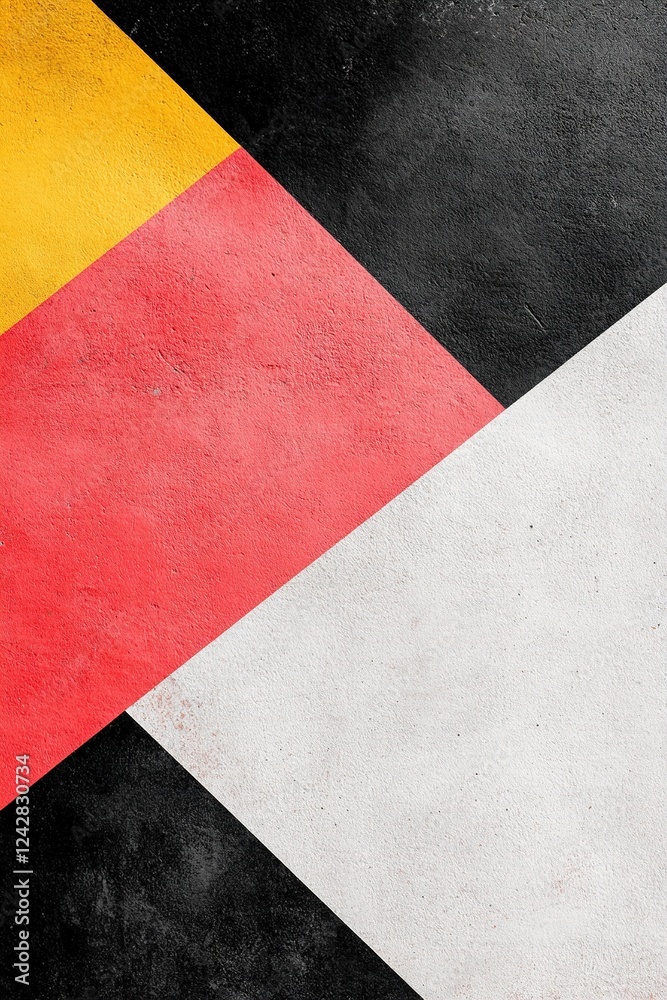 Colorful overlapping shapes in red, yellow, and black form a striking modern background. The clear negative space at the center provides ample room for text and design elements