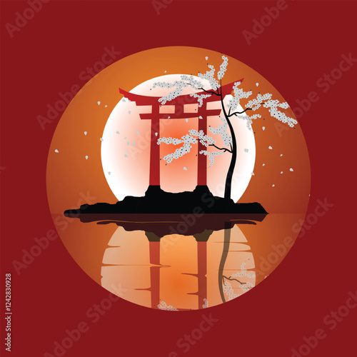 Torii Gate Illustration Design with Cherry Blossoms in Red Color