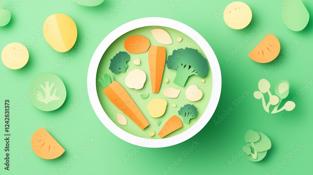 Vegetable soup. A bowl of soup with floating paper-cut vegetables: carrots, broccoli, potatoes. Healthy eating. Healthy food background with Paper cut out effect. Vegetarian food illustration Vegetable soup. A bowl of soup with floating paper-cut vegetables: carrots, broccoli, potatoes. Healthy eating. Healthy food background with Paper cut out effect. Vegetarian food illustration