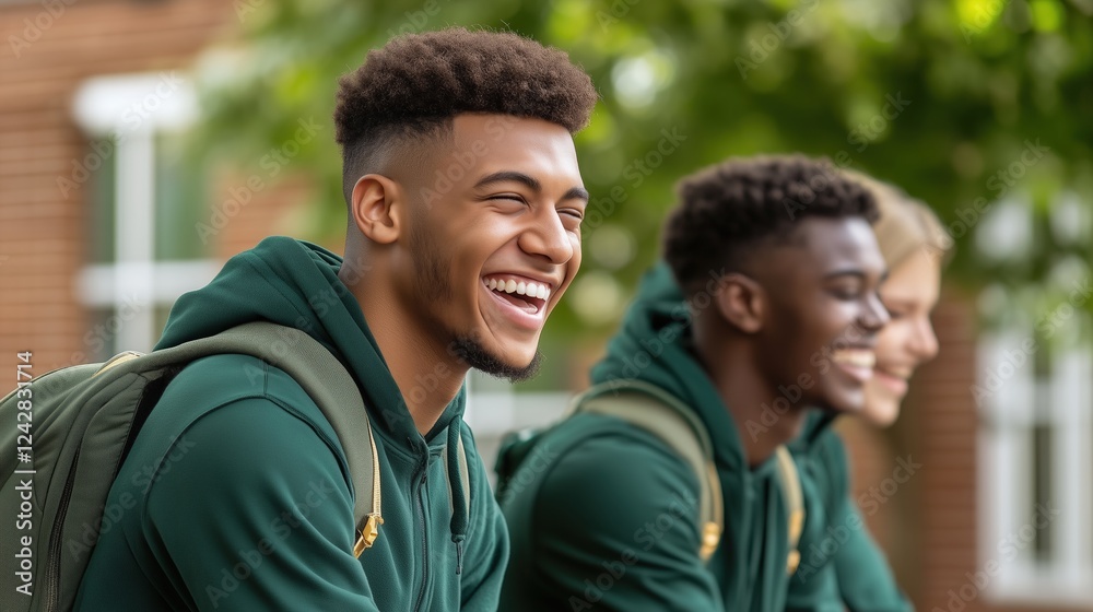 Group of friends laughing outdoors wearing matching green hoodies with backpacks. Concept of camaraderie and outdoor activities. Group of friends laughing outdoors wearing matching green hoodies with backpacks. Concept of camaraderie and outdoor activities.