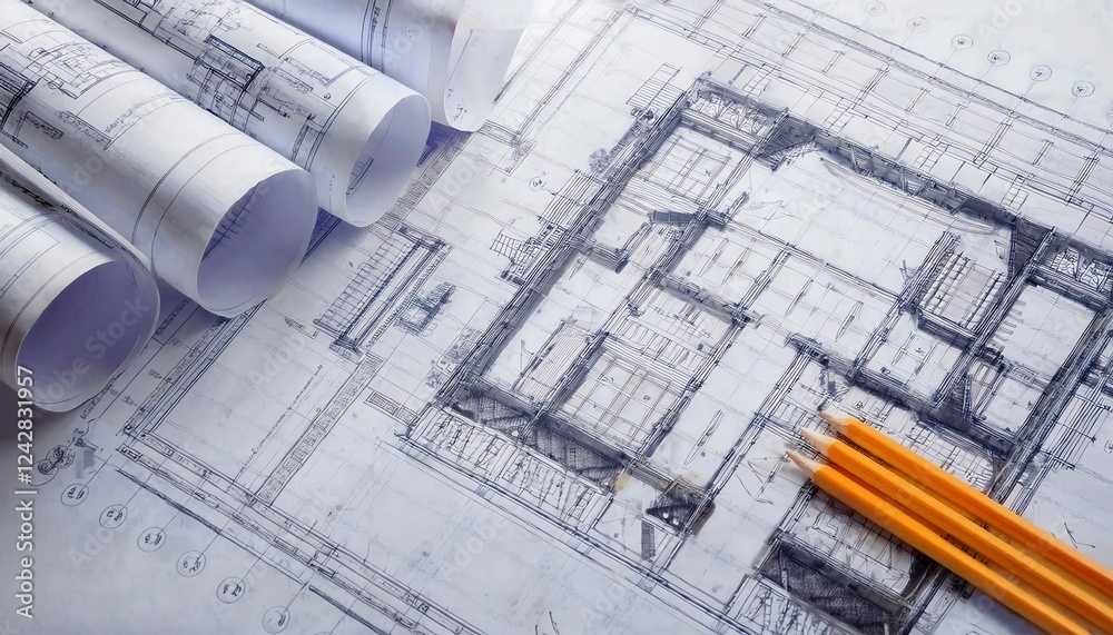 A detailed architectural blueprint with rolled plans and pencils, showcasing a floor plan design for a building. A detailed architectural blueprint with rolled plans and pencils, showcasing a floor plan design for a building.