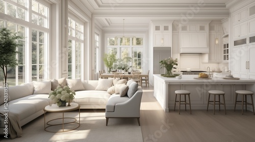 Bright and airy white kitchen seamlessly flowing into an elegant living room in a big house