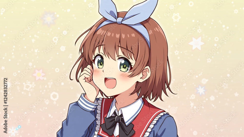Cheerful Anime Girl with Light Brown Hair and Blue Headband Cheerful Anime Girl with Light Brown Hair and Blue Headband