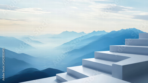 serene view of white stairs leading to misty mountain landscape, showcasing layers of blue hues and soft clouds. tranquil atmosphere evokes sense of peace and contemplation