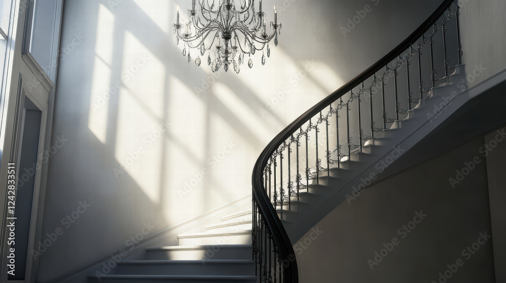 Obraz premium beautiful staircase with elegant chandelier overhead, bathed in soft light, creates stunning focal point in this spacious interior. intricate railing adds touch of sophistication