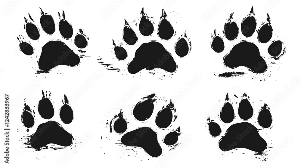 Fototapeta premium set of six black paw prints on white background