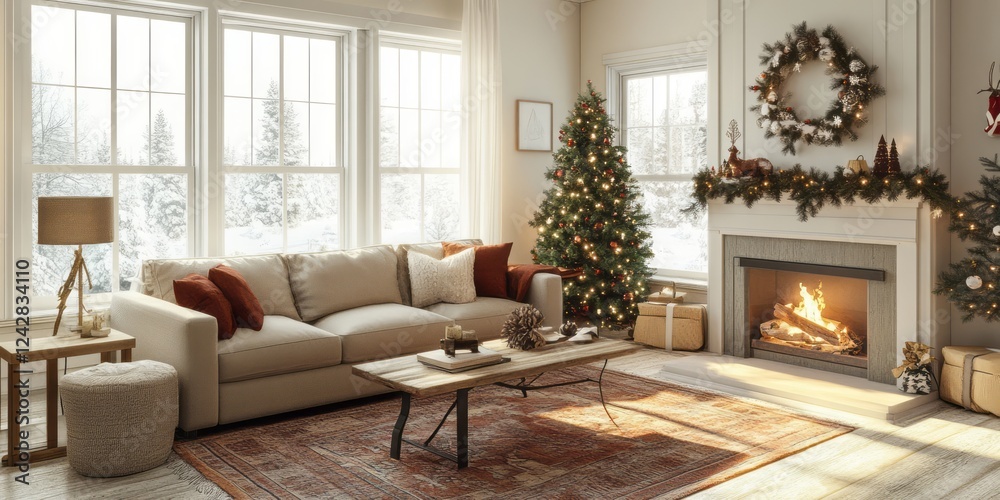 Fototapeta premium Cozy Christmas Living Room Decorated For The Holidays