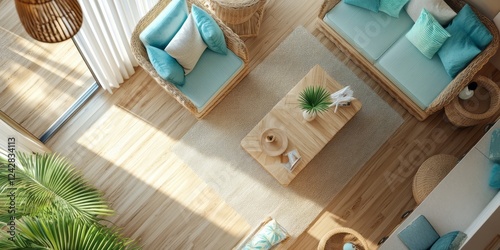 Sunlit Living Room with Wicker Furniture and Teal Accents