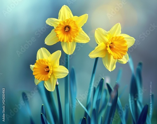 Beautiful Spring Daffodil Narcissus Flowers macro photo closeup, green background, Floral header
