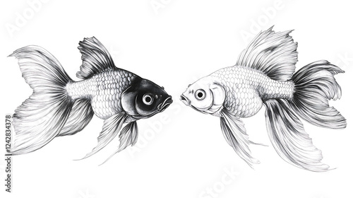 Two elegant goldfish, one black and one gold, facing each other in a detailed pencil sketch.  The contrast between the fish creates a visually striking image. 