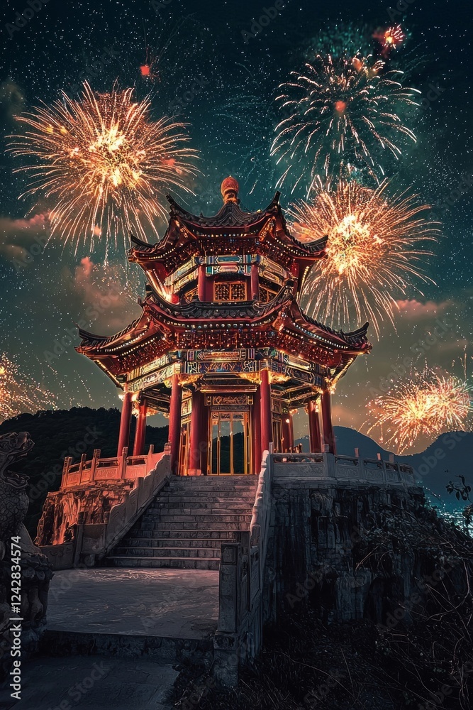 Fototapeta premium A chinese temple with fireworks in the night sky