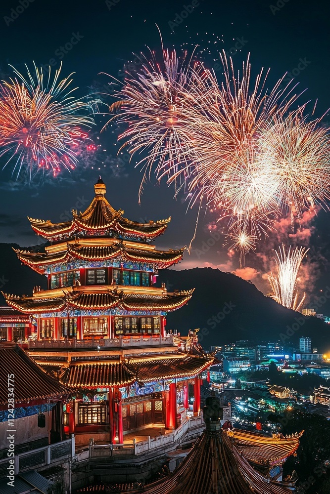 Fototapeta premium A chinese temple with fireworks in the night sky