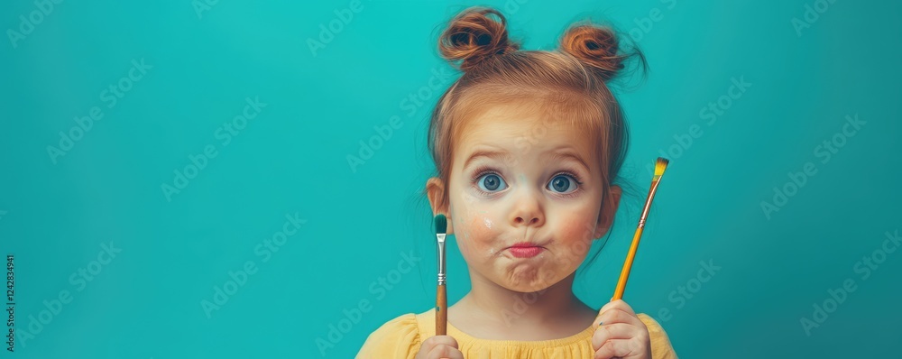 Fototapeta premium Child holding paintbrush with artistic intent, creative