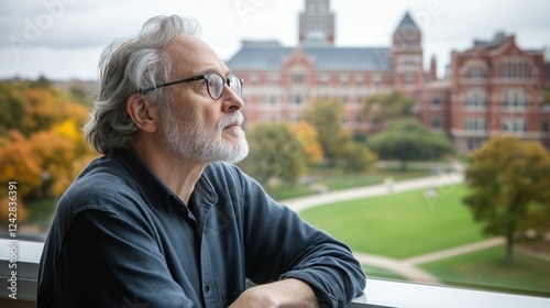 Senior man with glasses looking out at a university campus. Intellectual reflection and knowledge. photo