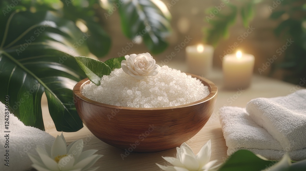 Relaxing spa scene with a wooden bowl of bath salts, delicate rose flower, towels, and a candle, surrounded by lush green plants. Relaxing spa scene with a wooden bowl of bath salts, delicate rose flower, towels, and a candle, surrounded by lush green plants.