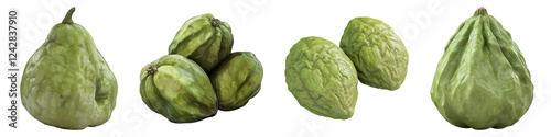 Chayote fruits isolated on transparent background, PNG, Set of