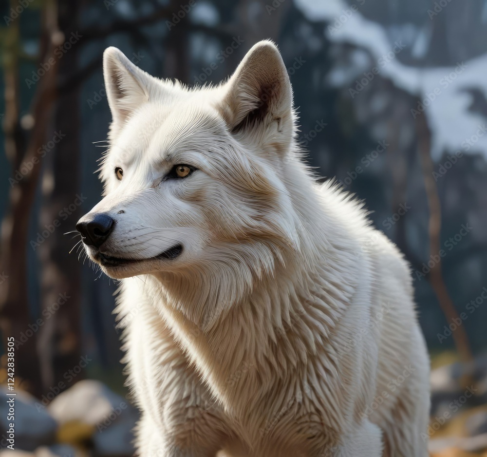 Naklejka premium White wolf in alert position with ears perked up, keen sense, attentive