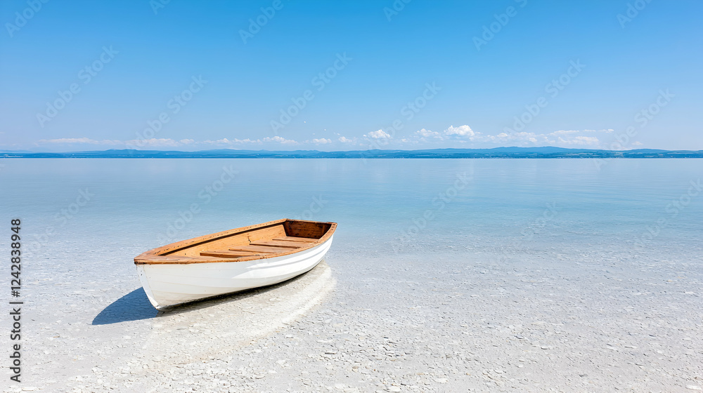 Serene lake boat, mountains backdrop, summer calm, travel poster Serene lake boat, mountains backdrop, summer calm, travel poster