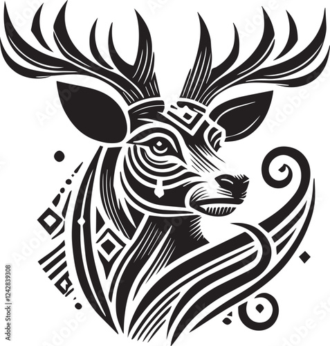 Bold Black and White Tribal-Style Majestic Deer with Intricate Antlers Vector

