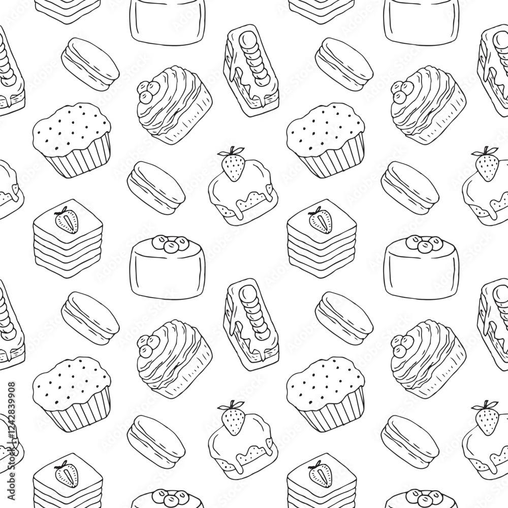 Cakes seamless pattern doodles, vector illustration hand drawing