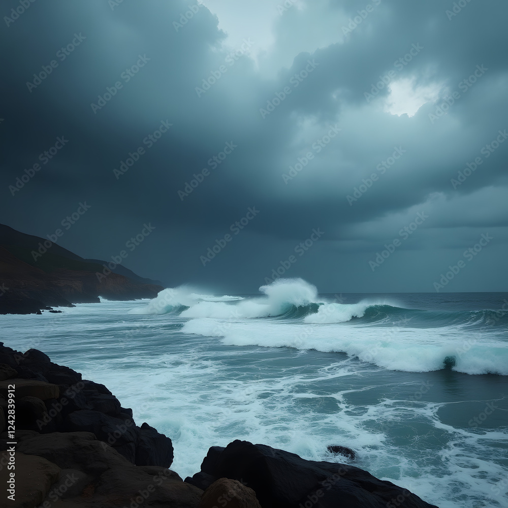 Obraz premium Perfect for wall art, nature documentaries, adventure branding, and editorial content, this high-resolution image freezes the motion of the crashing waves with a fast shutter speed,