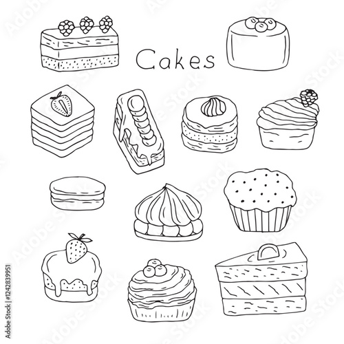 Cakes set of doodles, vector illustration hand drawing