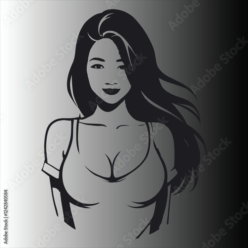 a close up of a woman with long hair wearing a bra on a gray background