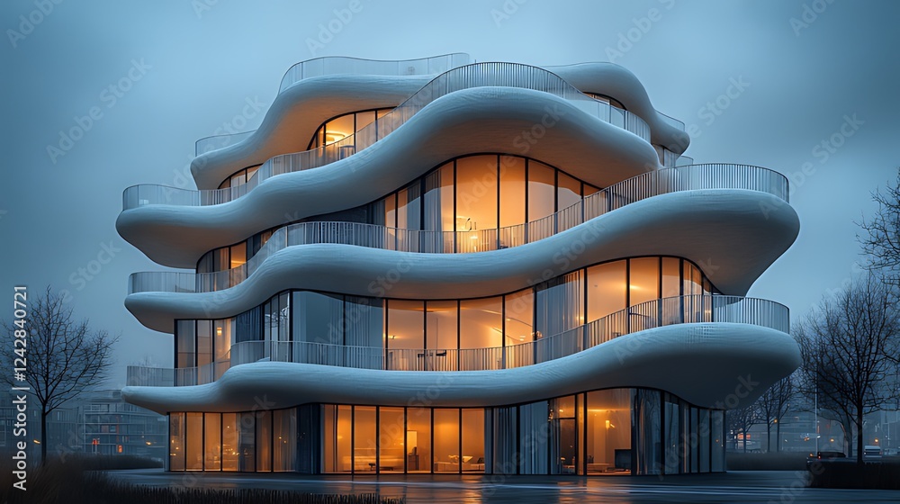 Modern Wave Building Dusk Cityscape Rendering Modern Wave Building Dusk Cityscape Rendering