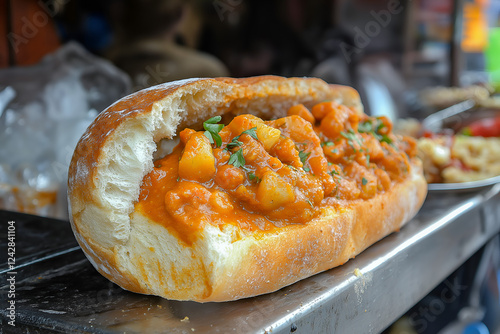 South african buny chow a hollowed mutton curry served inside a hollow bread bun. photo