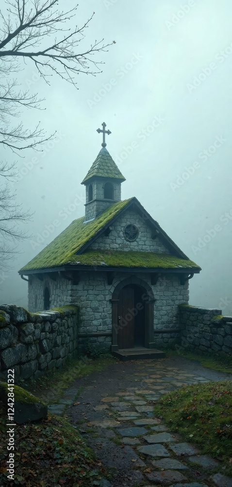 Fototapeta premium Weathered stone walls and a moss-covered roof conceal a small medieval church hidden in the fog, secret, medieval