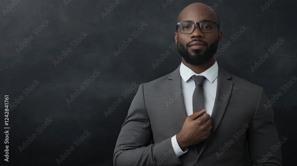 Professional man in a suit adjusting tie against a dark background. business confidence and leadership concept Professional man in a suit adjusting tie against a dark background. business confidence and leadership concept
