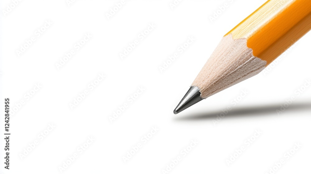 Close-up of a sharpened yellow pencil poised to write on a blank white background, creating space for text or drawing Close-up of a sharpened yellow pencil poised to write on a blank white background, creating space for text or drawing