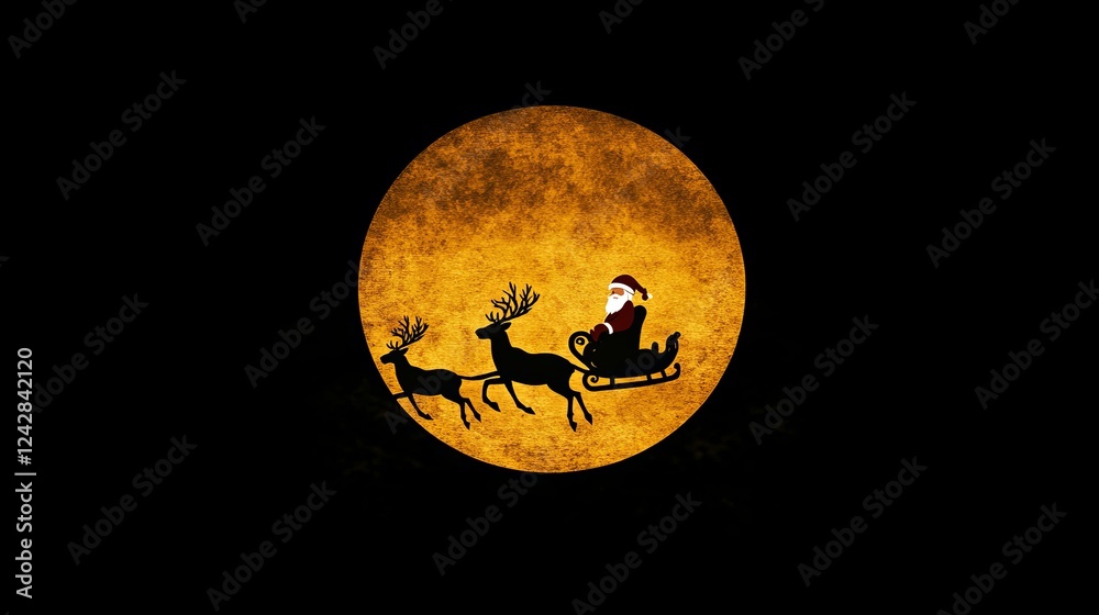 Fototapeta premium santa claus on a sleigh with reindeer silhouettes on a full moon background