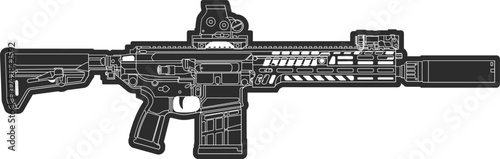 Assault rifle with optical sight and silencer in thick outline in the form of a patch or stripe, xm7 icon in black.