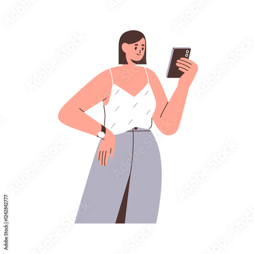 Woman holding smartphone, reading messages, browsing online. Young female usi...